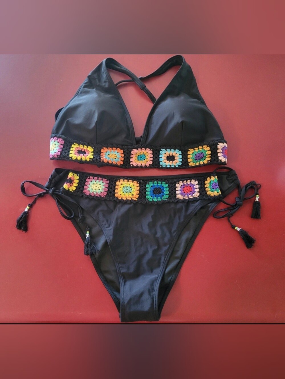 Zaful Roseanne Granny Square quilt Bikini bathing suit black 2XL
